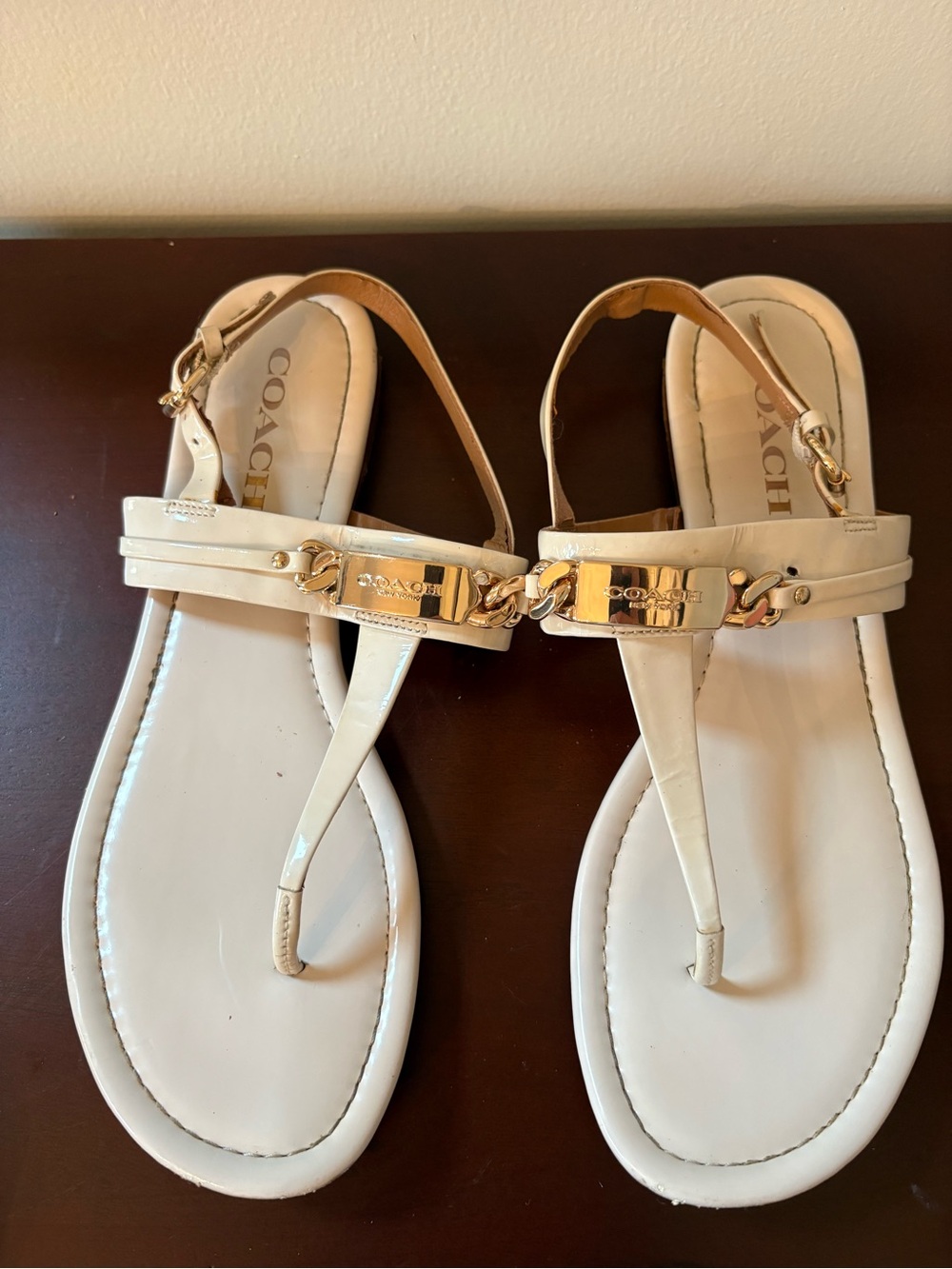 Coach Cream Patent Leather Thong Sandals with Gold Accents 8.5
